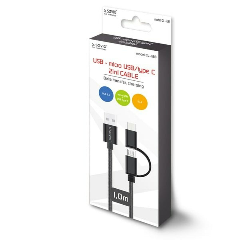 Cavo da USB a Micro USB e USB C Savio CL-128 Nero 1 m-6