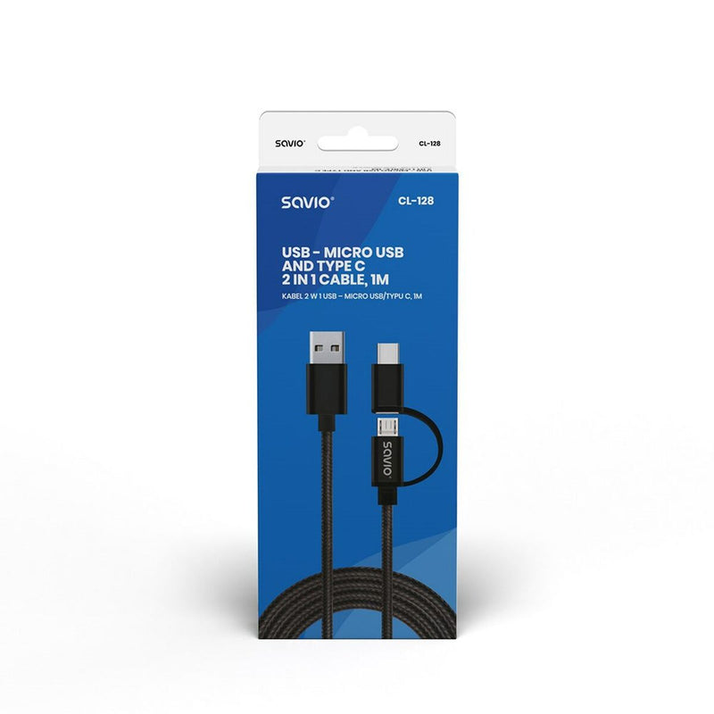 Cavo da USB a Micro USB e USB C Savio CL-128 Nero 1 m-3