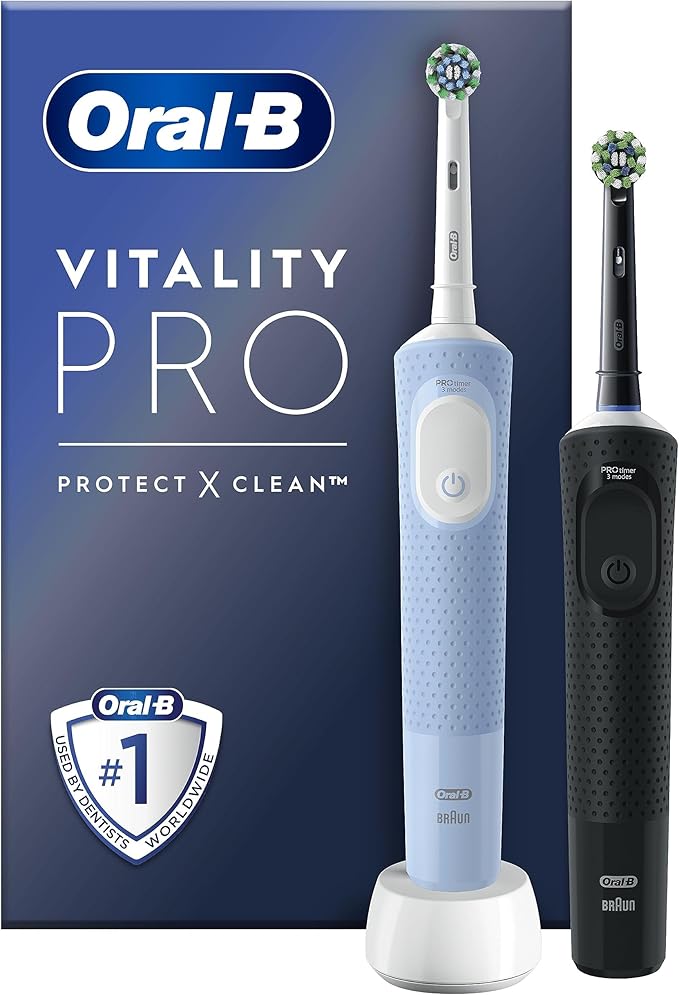 Oral-B Spazzolino Elettrico Ricaricabile Vitality Pro Nero e Blu, 2 testine. Confezione da 2 Spazzolini