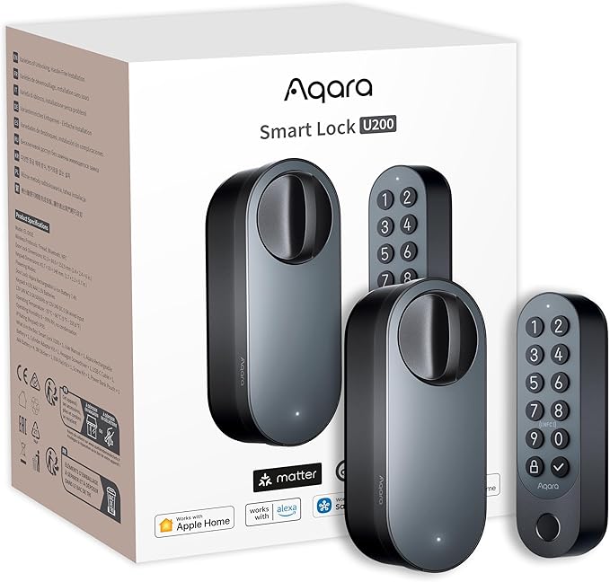 Serratura Smart U200  (Aqara  Tastiera Fingerprint Inclusa), Matter over Thread, Apple Home Key e Batteria Ricaricabile, Supporta Apple Homekit, Google Home, Alexa e SmartThings, Nero Aqara