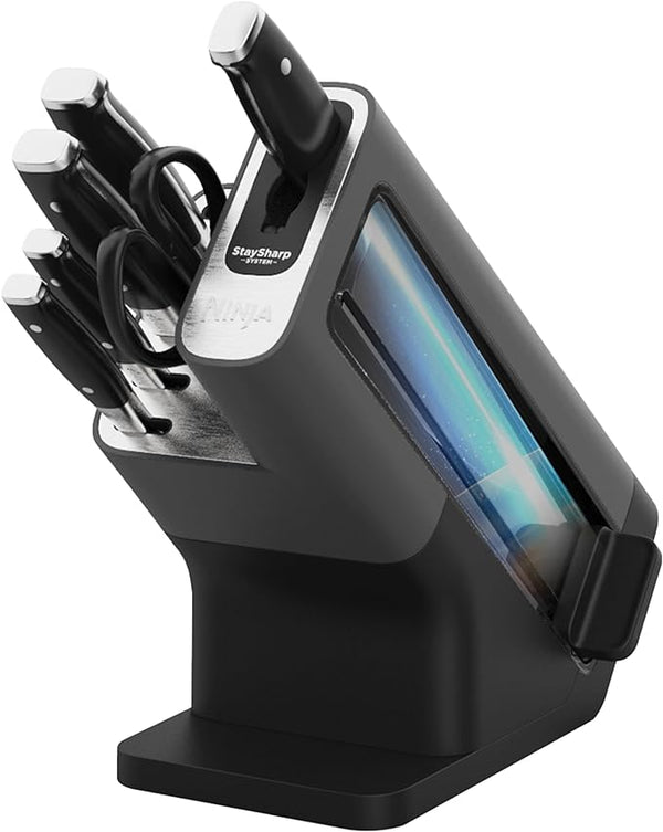 Ninja Foodi StaySharp Set di Coltelli con e Affilacoltelli Integrato, 5 Coltelli e 1 Paio di Forbici, Coltello da Chef, per Pane, per Affettare, Spelucchino e Universale, Acciaio Inox K32006EU Ninja