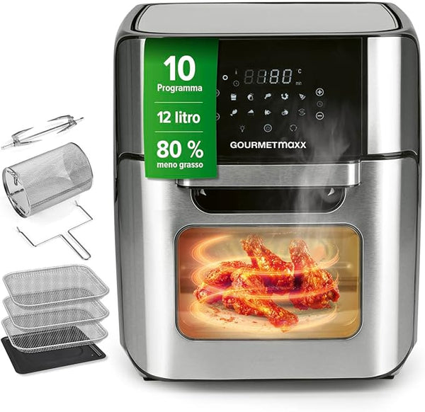 Friggitrice digitale ad aria calda 12 L GOURMET maxx  forno XXL in acciaio inox | Timer, display touch, spiedo rotante | Frittura a basso contenuto di grassi e a risparmio energetico | 1800 W