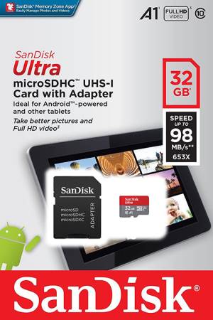 SanDisk Micro SD 32GB Classe A1, 98MB/s + Adattatore SD-0